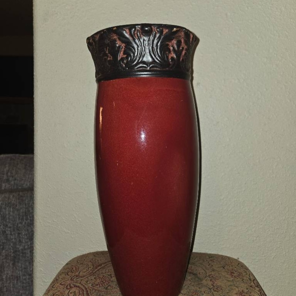Deep Red Decorative Ceramic Vase with Ornate Bronze Rim